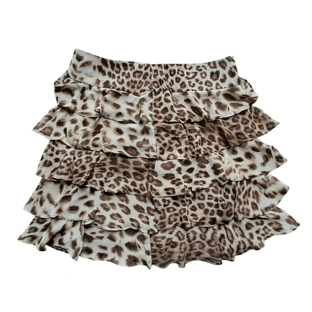 Talbots Leopard Print Tiered Ruffle Mini Skirt Brown Tan Petites 14P Zipper Back